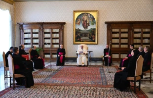 Pope Francis delivers his general audience address in the library of the Apostolic Palace Jan. 20, 2021. Credit: Pablo Esparza/CNA.