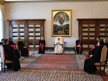 Pope Francis delivers his general audience address in the library of the Apostolic Palace Jan. 20, 2021. Credit: Pablo Esparza/CNA.