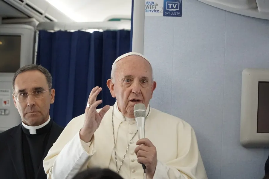 Pope Francis during an in flight press conference on the papal plane, Nov. 26, 2019. ?w=200&h=150