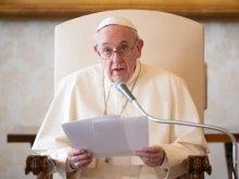 Pope Francis at his general audience address in the library of the Apostolic Palace Nov. 25, 2020. 