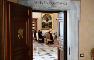 Pope Francis speaks during the general audience in the library of the Apostolic Palace Dec. 9, 2020.   Vatican Media.