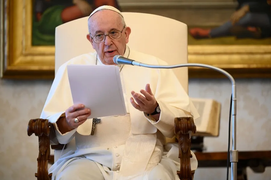 Pope Francis gives his general audience address in the library of the Apostolic Palace, June 24, 2020. ?w=200&h=150