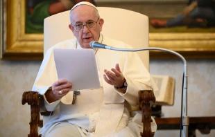 Pope Francis gives his general audience address in the library of the Apostolic Palace, June 24, 2020.   Vatican Media