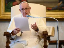 Pope Francis gives his general audience address in the library of the Apostolic Palace, June 24, 2020. 