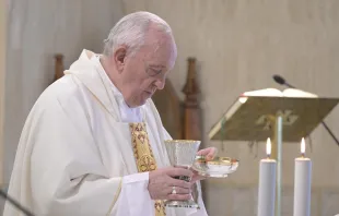 Pope Francis celebrates Mass in the chapel of the Casa Santa Marta July 8, 2020.   Vatican Media.
