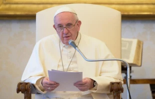 Pope Francis gives his general audience address in the apostolic palace May 6, 2020.   Vatican Media.