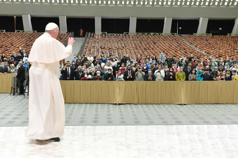 Pope Francis waves to pilgrims at his general audience at the Paul VI Audience Hall Oct. 28. 2020. ?w=200&h=150