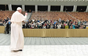 Pope Francis waves to pilgrims at his general audience at the Paul VI Audience Hall Oct. 28. 2020.   Vatican Media.