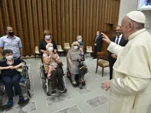 Pope Francis attends a meeting with members of the International Gynaecologic Cancer Society in the Paul VI Audience Hall Sept. 11, 2020. 