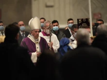 Bishop-elect Guido Marini walks beside Pope Francis on Ash Wednesday 2021 in St. Peter's Basilica