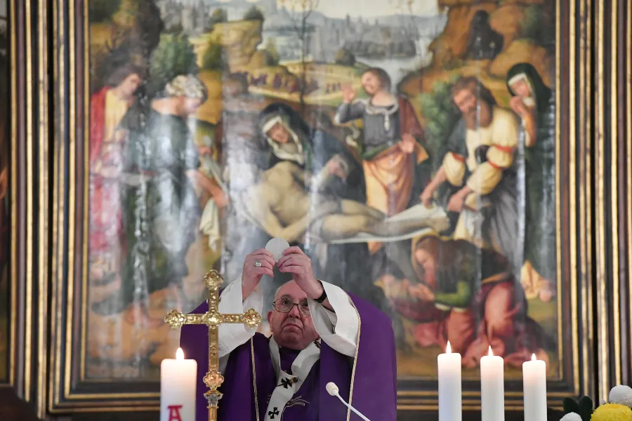 Pope Francis celebrates Mass at the Church of Our Lady of Mercy in the Teutonic Cemetery in Vatican City Nov. 2, 2020. ?w=200&h=150