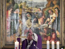Pope Francis celebrates Mass at the Church of Our Lady of Mercy in the Teutonic Cemetery in Vatican City Nov. 2, 2020. 
