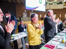 Bishop Georg Bätzing, Irme Stetter-Karp, Bischop Franz-Josef Bode at the “Synodal Way” meeting on Sept. 9 2022 in Frankfurt, Germany.