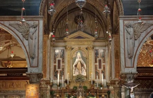 The statue of Our Lady, sculpted in 1430 by Nicolò da Venezia, in the sanctuary of the Basilica of St. Mary of Mount Berico. Credit: Kristina Millare/CNA