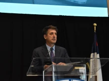 Andrew Abela, founding dean of the Busch School of Business at The Catholic University of America and author of “Super Habits,” gives the keynote address “From ESG to Virtue: The Business Case” at the 2025 Christian Institutional Investors conference in Lakewood, Colorado, on April 3, 2025.