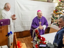Archbishop Bernard Bober of Košice celebrates Mass with homeless and people in need at the Archdiocesan Charity in Košice, Slovakia, during a traditional Christmas gathering in December 2025.