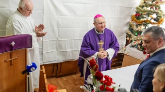 Archbishop Bernard Bober of Košice celebrates Mass with homeless and people in need at the Archdiocesan Charity in Košice, Slovakia, during a traditional Christmas gathering in December 2025.