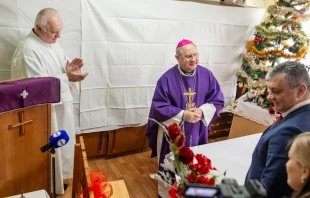 Archbishop Bernard Bober of Košice celebrates Mass with homeless and people in need at the Archdiocesan Charity in Košice, Slovakia, during a traditional Christmas gathering in December 2025. Credit: Archdiocesan Charity of Košice