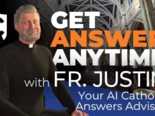 Billboard for AI priest Father Justin on social media.