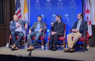 From left: Ross Douthat, media fellow at the Institute for Human Ecology; Will Wilson, CEO of AI company Antithesis; Father Michael Baggot, LC, professor of bioethics at the Pontifical Athenaeum Regina Apostolorum in Rome; and Brian J.A. Boyd, director for the Center for Ethics and Economic Justice at Loyola University New Orleans discuss AI and the Church on Sept. 23, 2025, at The Catholic University of America in Washington, D.C. Credit: Tessa Gervasini/CNA