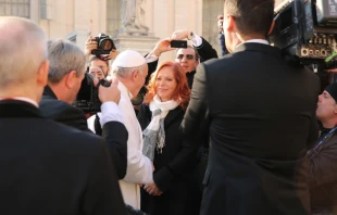 Mexican journalist Valentina Alazraki meets with Pope Francis at the general audience in St. Peter's Square on December 16, 2015.   Daniel Ibañez/CNA.