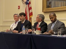 Joseph Meaney, president of the National Catholic Bioethics Center (second from left), speaks during a press conference Jan. 20, 2023 in Washington, D.C. announcing the formation of the Catholic Health Care Leadership Alliance. With him in the photo are other members of the alliance's board of directors: Dr. Steven White of the Catholic Medical Association (far left), Douglas G. Wilson, Jr., CEO of the Catholic Benefits Association (third from left), and Louis Brown, executive director of the Christ Medicus Foundation.