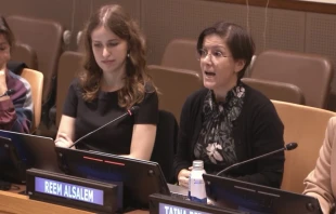 Reem Alsalem (right), the United Nations special rapporteur on violence against women and girls, opposes surrogacy at an Oct. 9, 2025, U.N. event hosted by the Italian government. Credit: ADF International