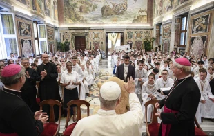 Pope Leo XIV greets French altar servers during an audience on Aug. 25, 2025, at the Vatican. Credit: Vatican Media