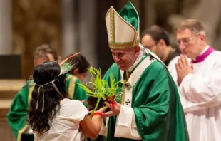 Pope Francis celebrates the closing Mass of Amazon synod October 27, 2019.   Daniel Ibáñez/CNA