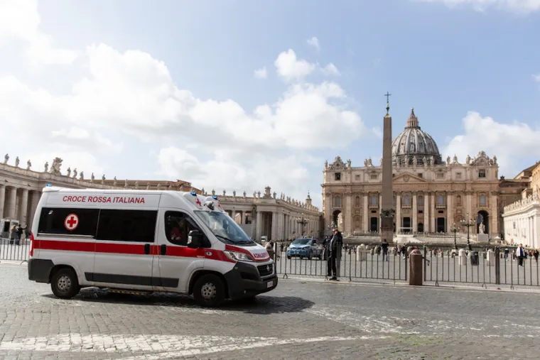 A red cross ambulance passes in front of the Vatican as Italy prepares for the coronavirus, March 9, 2020. Credit: Daniel Ibáñez/CNA