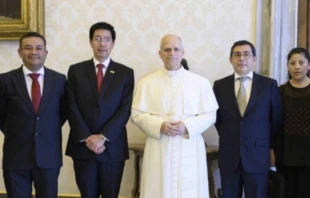 Pope Leo XIV with Peruvian registrars this Friday, May 30, at the Vatican. Credit: Courtesy of Andina/Peru News Agency