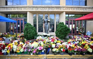Flowers are seen on Sept. 3, 2025, outside the Annunciation Catholic Church in Minneapolis, where a shooter killed two children and injured 21 other people on Aug. 27, 2025. Credit: Alex Wroblewski/Getty