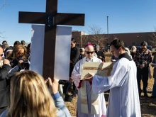 Archbishop Samuel Aquila of Denver leads hundreds in the Stations of the Cross outside an ICE detention center in Aurora, Colorado, on Nov. 22, 2025.