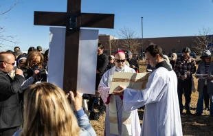 Archbishop Samuel Aquila of Denver leads hundreds in the Stations of the Cross outside an ICE detention center in Aurora, Colorado, on Nov. 22, 2025. Credit: André Escaleira Jr./Denver Catholic