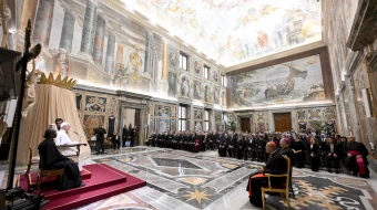 Pope Leo XIV receives members of the Pontifical Institute of Christian Archaeology on Dec. 11, 2025, in the Clementine Hall of the Vatican.