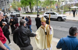 Archbishop of Philadelphia Nelson J. Perez speaks to members of his congregation at the Cathedral Basilica of St. Peter and St. Paul following a special Mass for Pope Francis on April 21, 2025, in Philadelphia. Credit: Matthew Hatcher/Getty Images