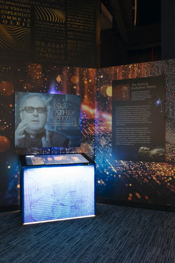 One portion of the museum is dedicated to the science of the shroud, and two kiosks allow visitors to ask questions of a digital Father Robert Spitzer, who has extensively researched the shroud over the past 20 years. Credit: Everett Johnson, Diocese of Orange