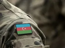 Flag of Azerbaijan on military uniform. 