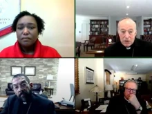 Gloria Purvis, Cardinal Robert McElroy, Bishop Daniel Flores, and Bishop Robert Barron discuss polarization in the Catholic Church during a panel discussion hosted by the United States Conference of Catholic Bishops, Catholic Charities USA, Glenmary Home Missioners, and the Jesuit Conference on May 14, 2024.