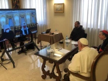 Pope Francis takes part in a video call with Patriarch Kirill on March 16, 2022.