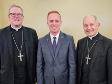 Bishop Robert Barron of Winona-Rochester, left, and Bishop Thomas Paprocki of Springfield, Illinois, with Andrew Hansen, director of communications for the Diocese of Springfield in Illinois.