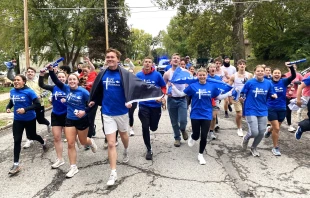 Finish line of the A-Cross America Relay, hosted by Benedictine College in Atchison, Kansas. Credit: Photo courtesy of LIFE Runners.