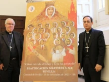 The archbishop of Seville, Spain, José Ángel Saiz Meneses, and his auxiliary, Bishop Teodoro León Muñoz, at a press conference announcing the Nov. 18, 2023, beatification of the Spanish martyrs.