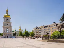 Bell tower of Saint Sophia Cathedral, Sofiivska Square, Kyiv, Ukraine. 