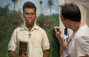 Artist Raúl Berzosa works on the portrait of St. Peter To Rot. Credit: Photo courtesy of Raúl Berzosa