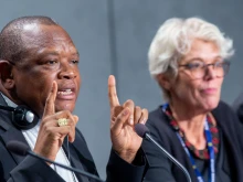 Cardinal Fridolin Ambongo Besungu, archbishop of Kinshasa, speaks during a press briefing on the Amazon Synod at the Holy See Press Office on Oct. 22, 2019. Speaking at a press conference for the Synod on Synodality at the Vatican on Oct. 7, 2023, the Congolese cardinal said the initiative is providing “new ways to address problems, whatever they are” with “a spirit of synodality.”