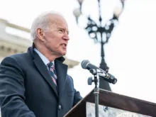 Presidential hopeful Joe Biden (D) speaks to a rally in January. 