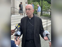 Baltimore Auxiliary Bishop Bruce Lewandowski speaks to the media after a listening session regarding the archdiocese’s restructuring plan on April 30, 2024.