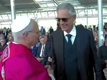 Pope Leo XIV greets Italian singer Andrea Bocelli at the inauguration of the Laudato Si’ ecological village at Castel Gandolfo, Italy, on Sept. 5, 2025.