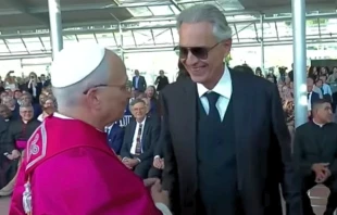 Pope Leo XIV greets Italian singer Andrea Bocelli at the inauguration of the Laudato Si’ ecological village at Castel Gandolfo, Italy, on Sept. 5, 2025. Credit: EWTN/Screenshot